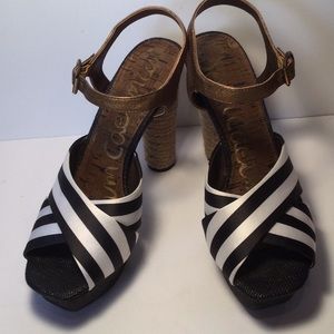 Sam Edelman black & white heels with jute & bronze